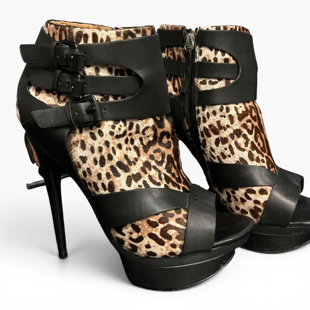 L.A.M.B. Calf Hair Gwen Stefani‎ Leopard Leather Y2K Stiletto Heels Peep Toe 8